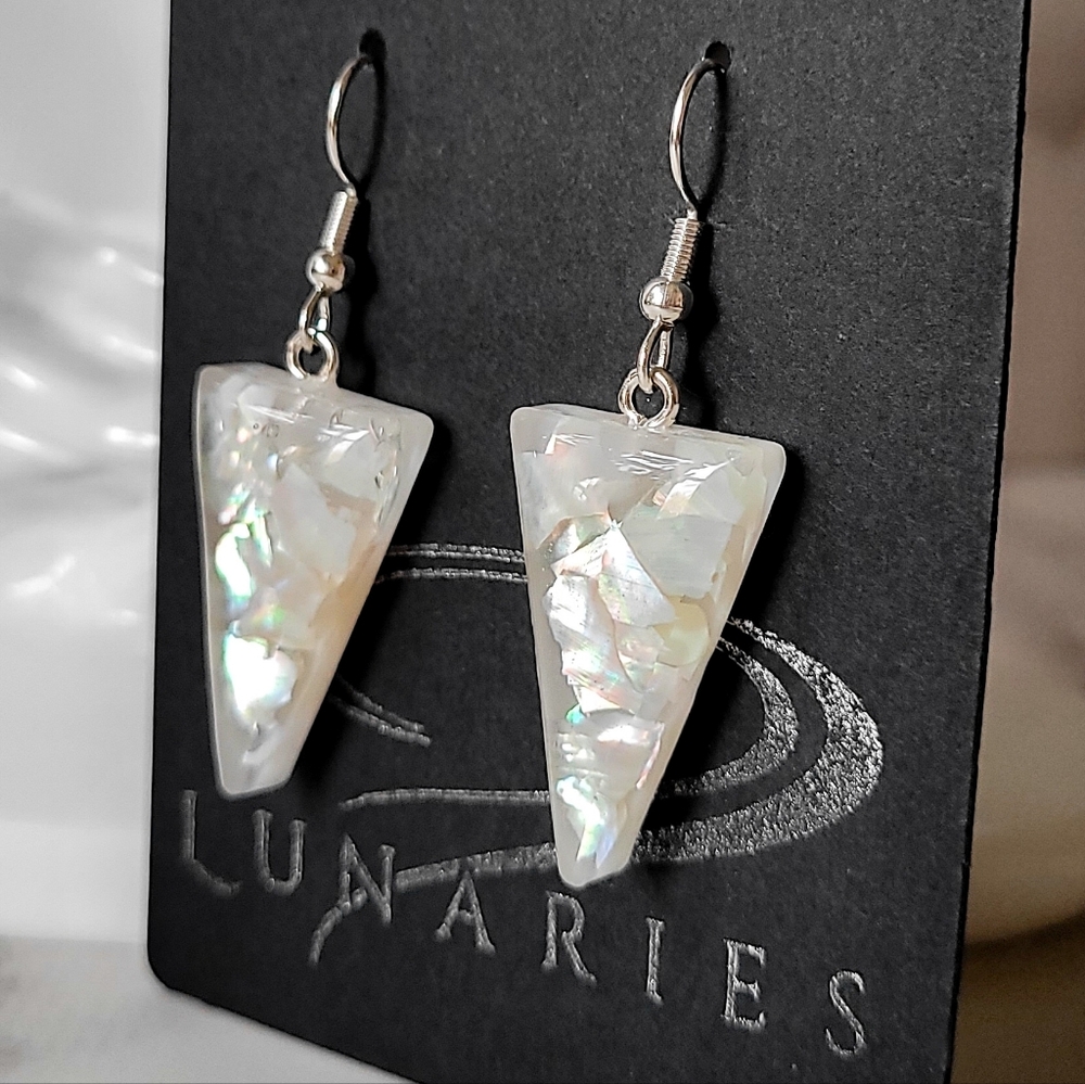 Mother Of Pearl Resin Earrings, Iridescent Triangles, Hypoallergenic - Picture 7 of 12
